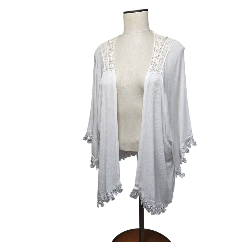 Guaze Cotton Kimono Cardigan Crochet Lace Trim One Size White